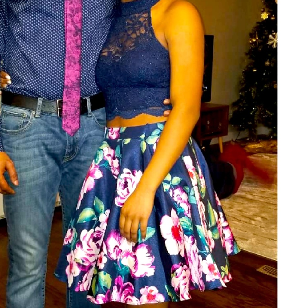 Navy Two Piece skirt and Lacey halter top set